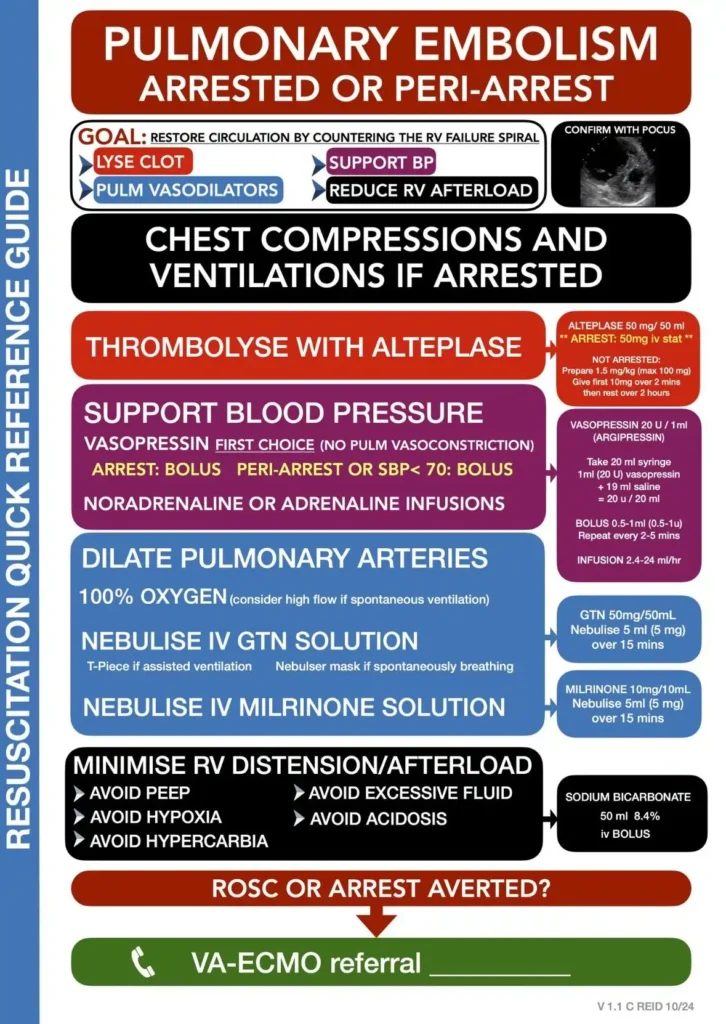 This is not your standard ACLS case. PE-induced arrest demands a tailored, aggressive protocol—clot lysis, pulmonary vasodilation, and RV afterload management. This guide breaks it down fast—because when the RV fails, you need a plan, not panic. Tag your code team. Save for sim. Print for your crash cart.